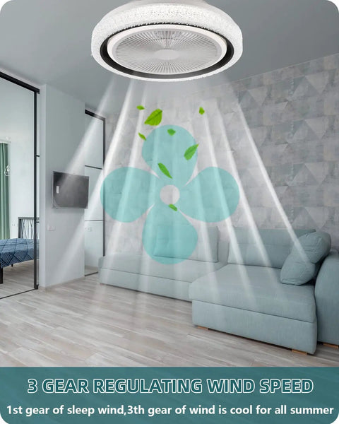 Bladeless Flush Mount Ceiling Fan With Lights And Bluetooth Speaker, Quiet Low Profile 19.8 Inch in modern living room.