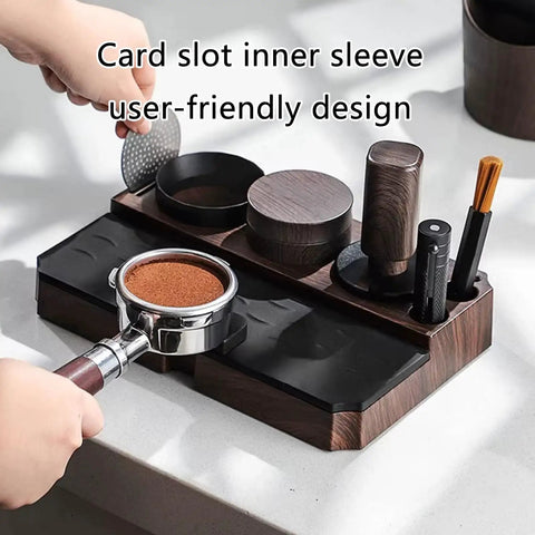 The Legit Non Slip Portafilter Rack And Coffee Distributor Holder Tamper Stand Tool Organizer Tamping Station For Home Barista Espresso Brewing Tools Badass Setup with various tools on wooden base.