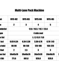 Multi-Lane Pack Machine specifications chart showing models, dimensions, speed, and weight for High-Speed Multi-Lane Packaging Machine For Paper Cartons And Food Products Gluing Wrapping System Boosting Production Efficiency And Output For Heavy Duty Industrial Operations.