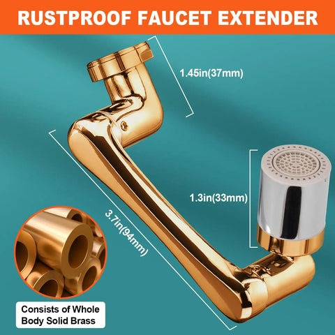 1440 Degree Faucet Aerator Extension Swivel Head With Two Spray Modes, brass build, shown with dimensions in background