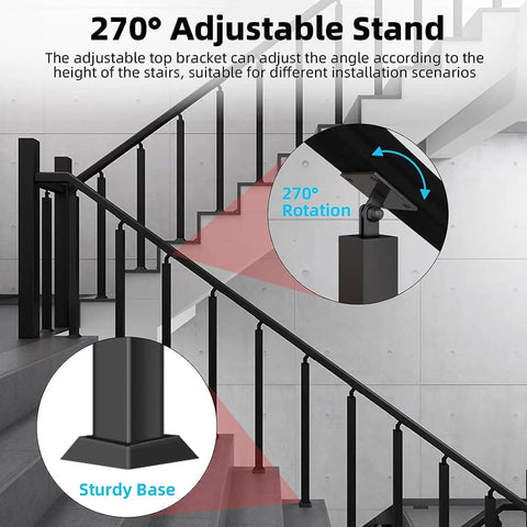 Rock Solid Square Stair Baluster Posts With 270 Degree Flex Metal Railing Spindles adjustable bracket on stair installation.