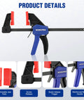 6 Inch Mini Bar Clamps For Woodworking, One Handed F Clamps And Spreaders, 4 Pack With 50 Lb Load, Throat One And A Half Inches, Screw Reverses To Convert To Spreader For Tight Glue Ups For Diyers. 6-inch WORKPRO clamp with removable jaw pads and quick-release trigger