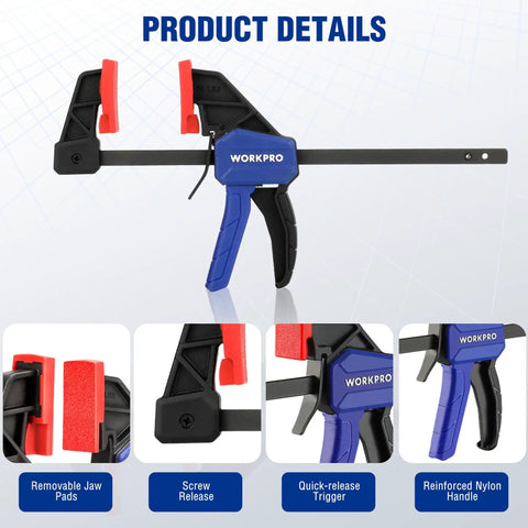 6 Inch Mini Bar Clamps For Woodworking, One Handed F Clamps And Spreaders, 4 Pack With 50 Lb Load, Throat One And A Half Inches, Screw Reverses To Convert To Spreader For Tight Glue Ups For Diyers. 6-inch WORKPRO clamp with removable jaw pads and quick-release trigger