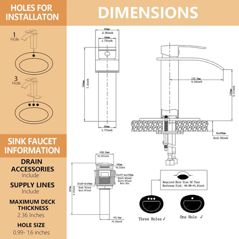 Diagram showing installation dimensions for Oil Rubbed Bronze Bathroom Faucet With Waterfall Flow, One Hole, One Handle, Deck Mount