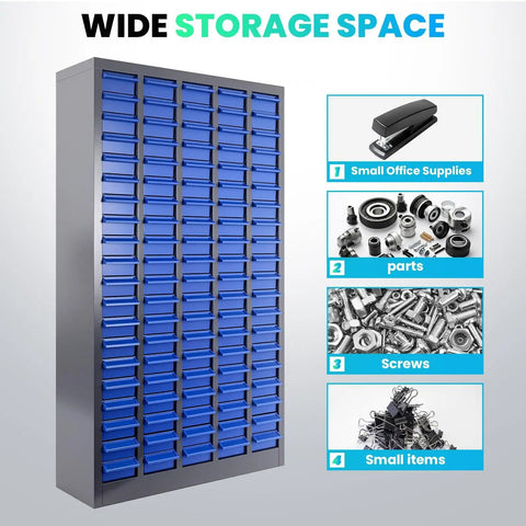 Nut And Bolt Organizer Cabinet For Hardware Storage With 100 Drawers And Dividers, Heavy Duty Steel Parts Organizer Measures 26 Inches By 9 Inches By 46 Inches, Labels Included For Your Shop, Garage, Or Office, showing blue drawers and storage capacity for office supplies, parts, screws, and small items.