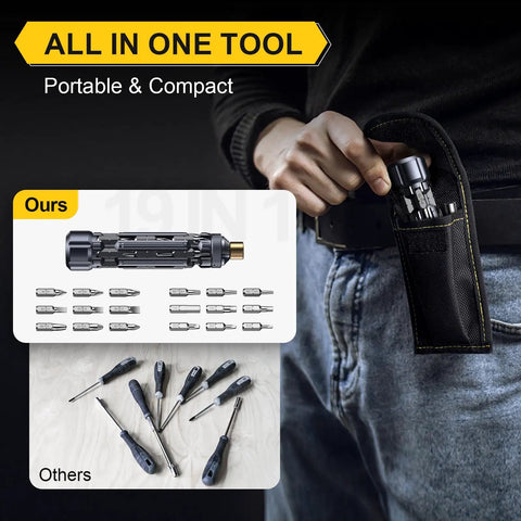 Man storing 19-In-1 Magnetic Screwdriver Set With S2 Steel Bits For DIY Handyman And EDC Multitool in a black belt pouch