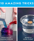 Magic Chemistry Kit For Kids With 10 Mind Blowing Tricks showing color changing and coin floating experiments.