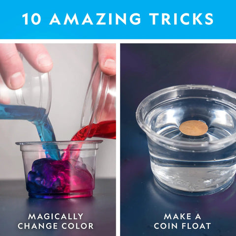 Magic Chemistry Kit For Kids With 10 Mind Blowing Tricks showing color changing and coin floating experiments.