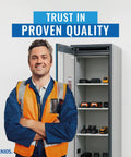 Heavy Duty Lithium Ion Battery Storage Cabinet With 90 Minute Fireproof Rating And Straight Up Secure Pressure Relief Vent Hardcore Four Shelf Safety Locker For Shop Or Garage Protection Blue with visible batteries inside.