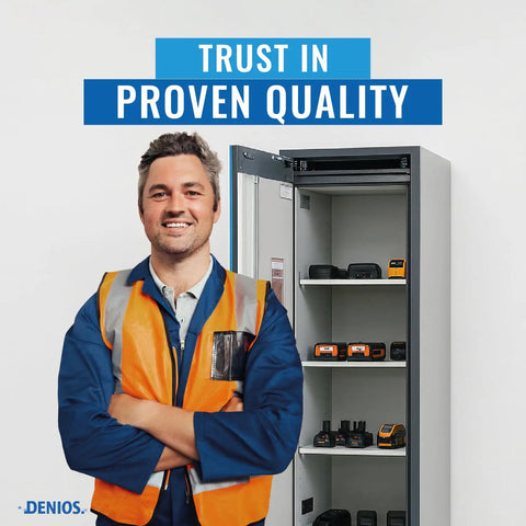 Heavy Duty Lithium Ion Battery Storage Cabinet With 90 Minute Fireproof Rating And Straight Up Secure Pressure Relief Vent Hardcore Four Shelf Safety Locker For Shop Or Garage Protection Blue with visible batteries inside.