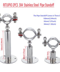 Front view of three 304 stainless steel wall/ceiling pipe standoffs with base flanges; adjustable height for 15–19mm pipes.