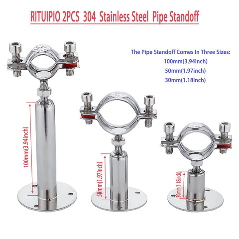 Front view of three 304 stainless steel wall/ceiling pipe standoffs with base flanges; adjustable height for 15–19mm pipes.