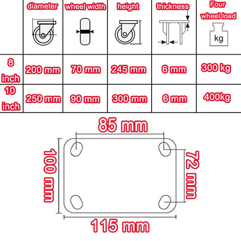 Diagram showing measurements of Dead Simple Heavy Duty Vacuum Air Caster Wheels 200MM 250MM Tubeless Rubber Tires specifications.