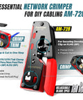 All In One Ethernet Crimping Tool Kit 10 In 1 Pass Through RJ45 RJ11 Network Tool With Tester Pro Grade Punch Down Tool Wire Stripper And Carry Bag For Cat6 And Cat5e showing various components and features.