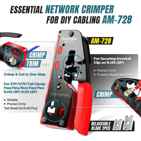 All In One Ethernet Crimping Tool Kit 10 In 1 Pass Through RJ45 RJ11 Network Tool With Tester Pro Grade Punch Down Tool Wire Stripper And Carry Bag For Cat6 And Cat5e showing various components and features.