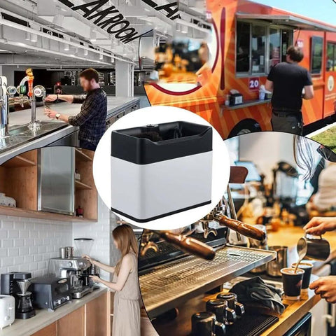 Electric Coffee Dosing Cup Cleaner And Automatic Puck Remover With 340 Rpm dual head action in coffee shop settings.