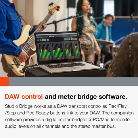 Live band recording session using Studio Bridge 24 Channel Multi Track Recorder And USB Audio Interface With MIDI for DAW control.
