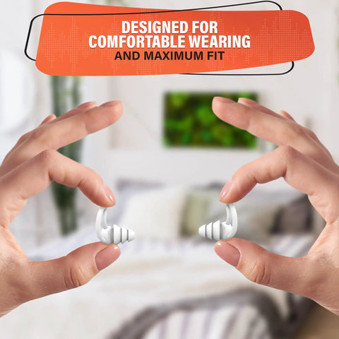Hands holding reusable sleep ear plugs with 40 dB noise reduction for sleeping, premium silicone earplugs for flying