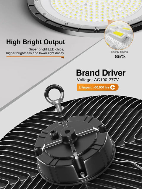 Close-up of Killer Bright UFO High Bay Light 200W 5000K 30000LM 150LM Per Watt showing LED chips and cooling fins