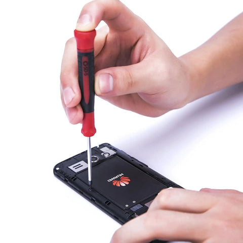 Using a Nine Piece Precision Screwdriver Set With Magnetic Tips And Swivel End Cap on a smartphone battery