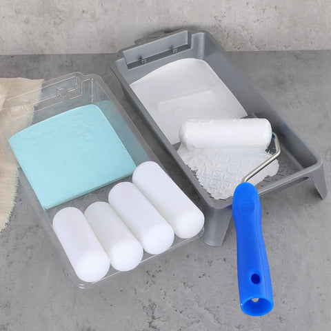 4 Inch Foam Paint Roller Kit Set with 8 Mini Roller Covers Frame Tray and Liner for Smooth Walls Trim Furniture and DIY Projects