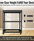 Heavy Duty Rolling Tool Stand With Swivel Casters And Tough Melamine Wood Worktop For Miter Saws Drill Press Bench Grinders And Planers Built Tough To Handle Daily Garage Grind with adjustable height from 31.5 to 35.4 inches.