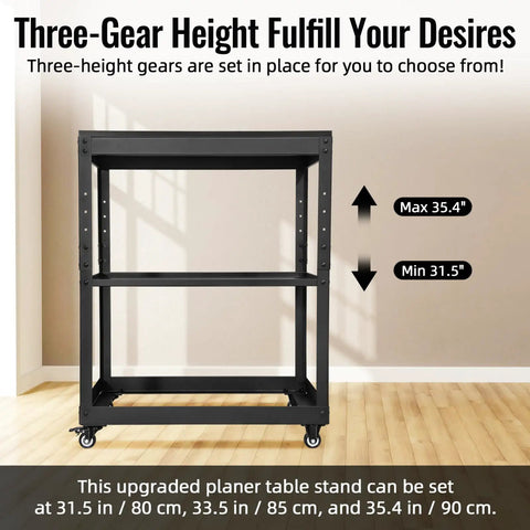 Heavy Duty Rolling Tool Stand With Swivel Casters And Tough Melamine Wood Worktop For Miter Saws Drill Press Bench Grinders And Planers Built Tough To Handle Daily Garage Grind with adjustable height from 31.5 to 35.4 inches.