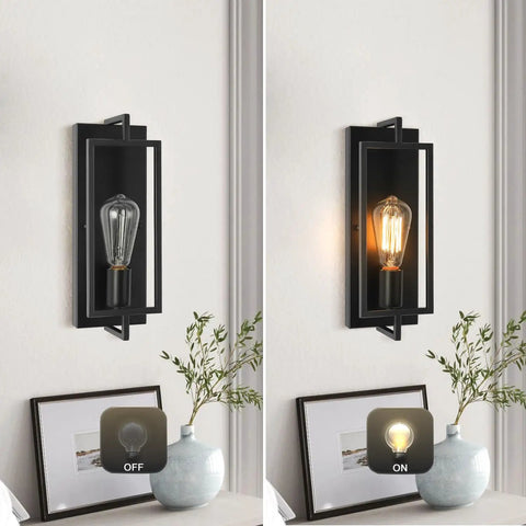 Black Wall Sconce Lighting Single Light Bathroom Vanity Fixture In Modern Farmhouse Style Slick Matte Black Metal Wall Light With E26 Base 110 To 240V Durable Indoor Bathroom Hallway Accent shown on and off on white wall.