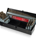 Pro Grade M35 Cobalt Drill Bit And Tap Die Set 115 Pieces in a black case showcasing high speed steel drill bits.
