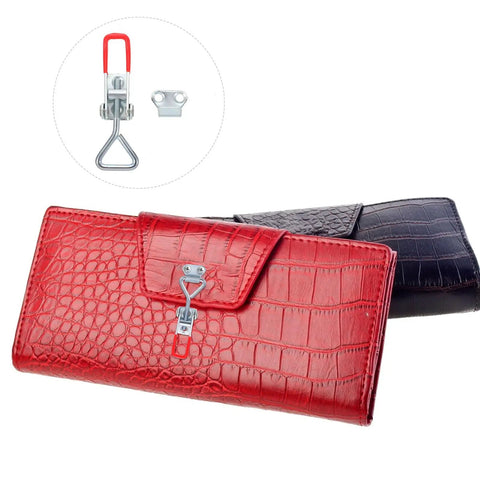Red and black crocodile-patterned wallets with close-up of heavy duty adjustable iron toggle clamp draw latch.