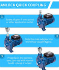 Heavy Duty Cam And Groove Hose Fittings 4 Inch 2 Pack Type C Quick Connect Adapters With Male Spigot Ends shown in use with a pump.