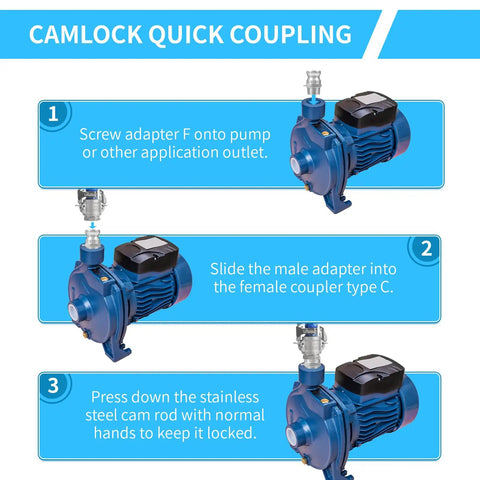 Heavy Duty Cam And Groove Hose Fittings 4 Inch 2 Pack Type C Quick Connect Adapters With Male Spigot Ends shown in use with a pump.