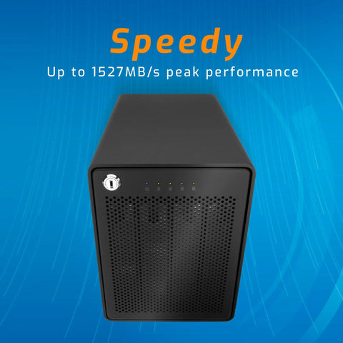 Kickass Four Bay Thunderbolt Storage Enclosure with Rock Solid Raid Setup and Dang Fast Up to 1527Mbps Throughput front view in black aluminum.