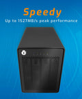 Heavy Duty 48TB Desktop Storage Chassis With Badass Speed And Zero Drama Raid Configuring For Tech Wizards Featuring Thunderbolt Connections And Plug And Play Convenience, front view with indicator lights.