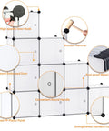 12 Cube Storage Organizer With Doors For Home And Living Room, DIY Plastic Modular Bookshelf In Transparent White, Closet Cabinet, Space Saver Storage Solution, showcasing detailed features like door hooks and metal frame.