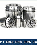 Precision ER11 ER16 ER20 ER25 ER32 Elastic Collet Chuck Set For CNC Engraving Machines with assorted sizes for tool shanks.