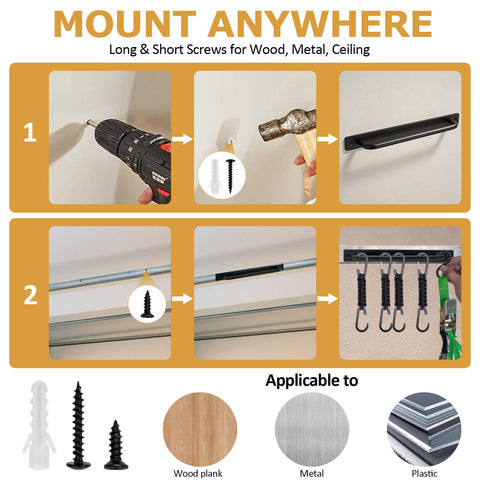 Installation guide for 2 Pack Aluminum Tie Down Hanger Wall Mount Organizer illustrating setup with screws on various surfaces.