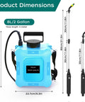 Battery Powered Garden Sprayer 2 Gallon Electric Sprayer dimensions with USB rechargeable battery and adjustable telescoping wand.