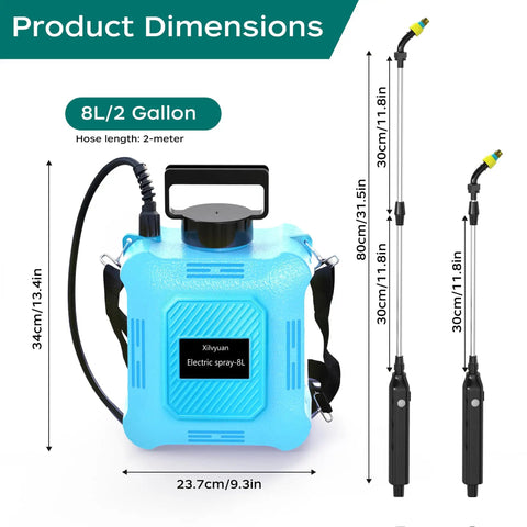 Battery Powered Garden Sprayer 2 Gallon Electric Sprayer dimensions with USB rechargeable battery and adjustable telescoping wand.