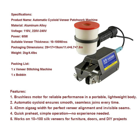 Pro Level Handheld Cycloid Veneer Stitching Machine With 60W Power And Heavy Duty Steel Body For Crisp Wood Panel Patchwork, shown from side.