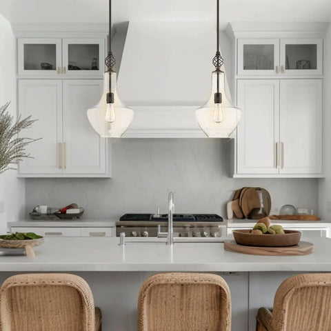 Sydney 15 Inch Modern Pendant Light With Vase Style Seeded Glass Shade Adjustable Height Oil Rubbed Bronze Finish in kitchen