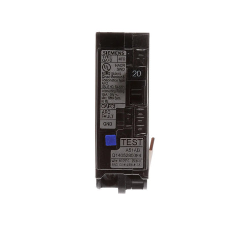 Front view of 20 Amp Single Pole 120 Volt Plug On Combination AFCI Breaker With LED Trip Indicator showing labeling and features.