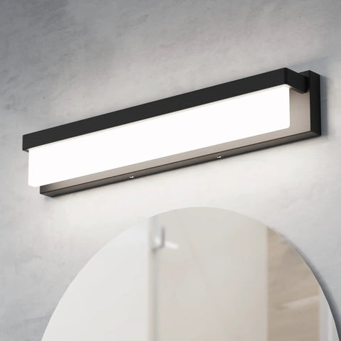 LED Bathroom Vanity Light Fixture Over Mirror 24.4 Inch Modern Rectangle Black Matte Metal Lighting Bar 4000K Daylight Wall Sconce Ideal For Powder Room And Guest Bath Damp Rated Easy Install Energy Efficient mounted above a mirror on a gray wall.