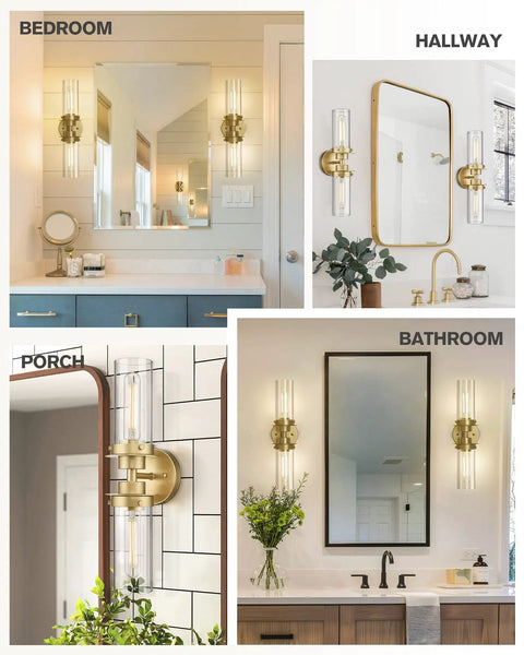 Trending Gold Finish Vanity Lights With Clear Glass Cylinder Shades Over Mirror Indoor Wall Sconce Modern Cylinder Up And Down Mount Lamp For Bathroom Bedroom Hallway Two Light