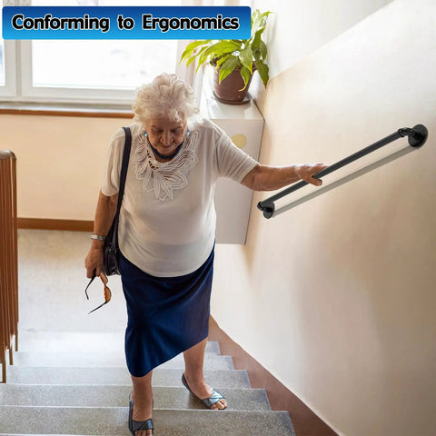 Heavy Duty 3 Pack Wall Mounted Pipe Handrail For Staircases And Porch Steps Black Galvanized Steel, aiding elderly on stairs.