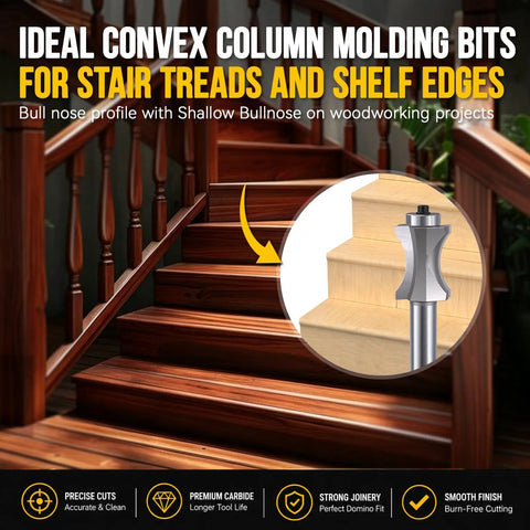 Premium Three Piece Convex Edge Oval Router Bit Set With One Half Inch Shank And Shallow Bullnose Profile for molding stair treads