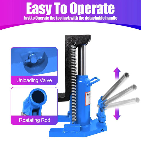Heavy Duty Hydraulic Toe Jack Delivering Twenty Ton Top Lifting And Ten Ton Toe Engagement For Dead Reliable Car Hoisting And Daily Shop Hustle with unloading valve and rotating rod.