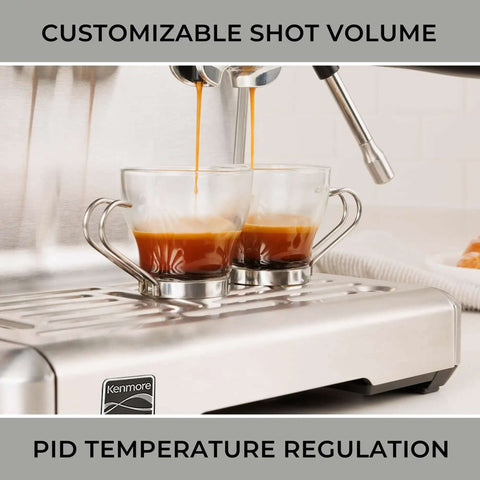 Espresso Machine With Auto Tamper Auto Cleaning Milk Frother And Built In Grinder For At Home Barista Grade Cappuccinos Lattes And Macchiatos With Nine Bar Pressure Extraction And Cafe Quality Crema In Sleek Stainless Steel brewing coffee into two cups