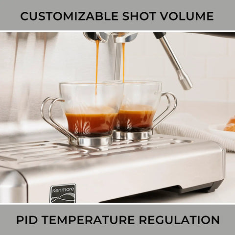 Automatic Espresso Machine With Built In Grinder And Auto Tamper For Barista Grade Morning Sips pouring coffee shots into two clear glass cups.