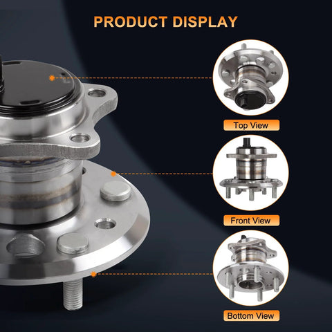Rear Right Wheel Hub And Bearing Assembly With ABS OEM Style Replacement For 2002 2003 Lexus ES300 2007 2012 ES350 2002 2011 Toyota Camry 2005 2012 Avalon 5 Lug - top, front, bottom views of 5-lug hub